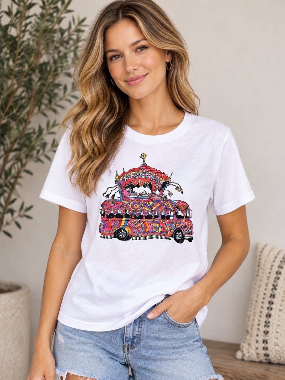 Converse White Short-Sleeve Sporty Tee with Colorful Bus Graphic size XS